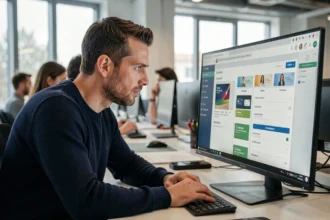 Développeur partageant une carte d'accès JKV en coopération sur son ordinateur de bureau en open space