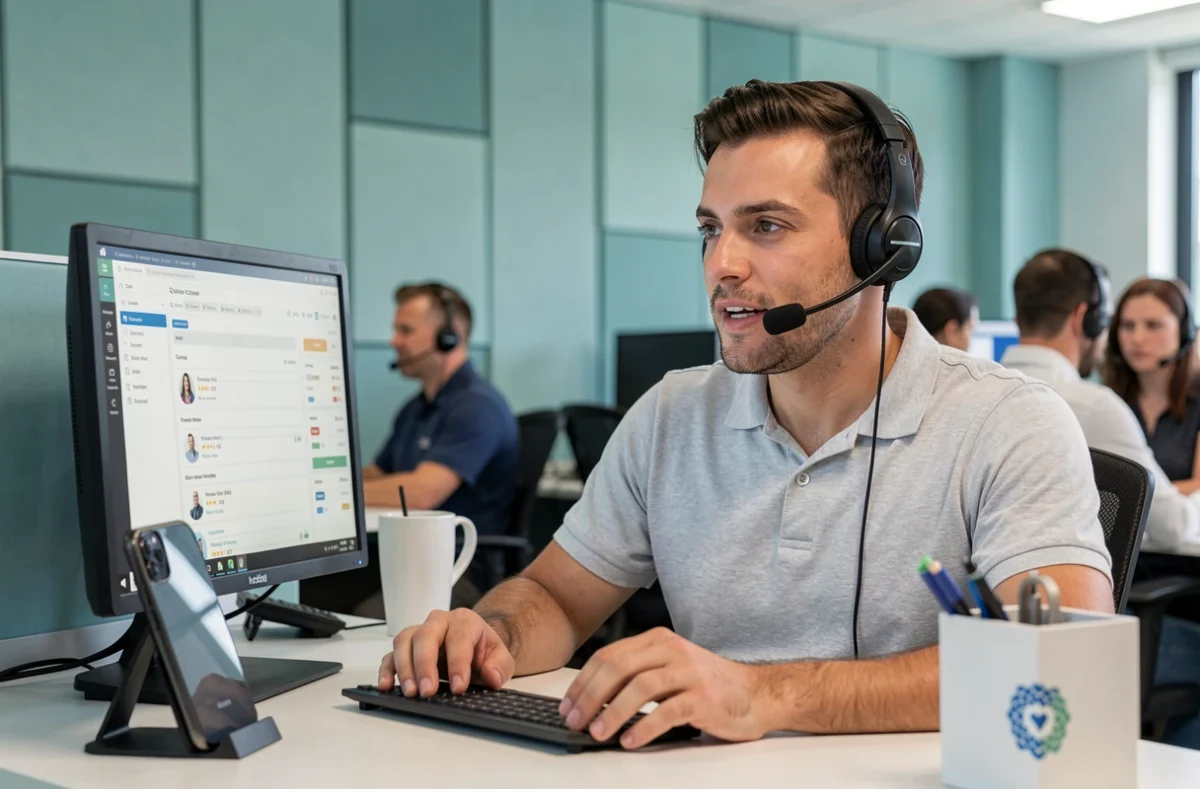 Conseiller de l'agence Phone Contact équipé d'un casque professionnel gérant des demandes clients depuis un bureau moderne