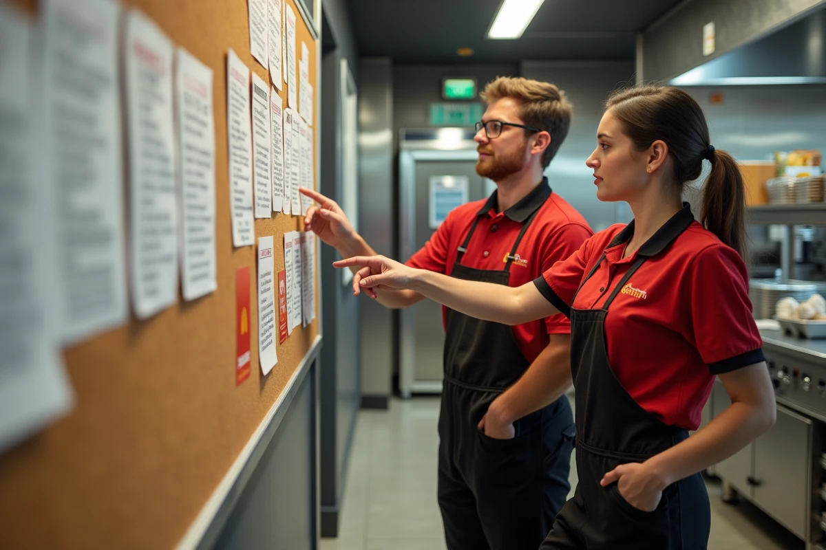 Deux étudiants employés McDonald's consultant le planning des heures de travail en cuisine