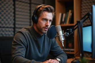 Homme enregistrant un podcast business dans un studio acoustique avec microphone professionnel