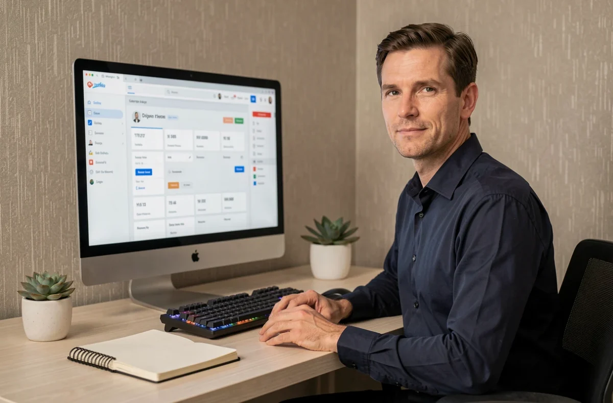 Développeur de l'agence Pragmea concentré sur une interface applicative web depuis un bureau minimaliste et ordonné
