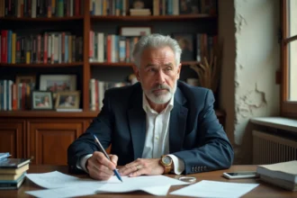 Producteur de cinéma parisien dans son bureau entouré de scripts et de récompenses cinématographiques