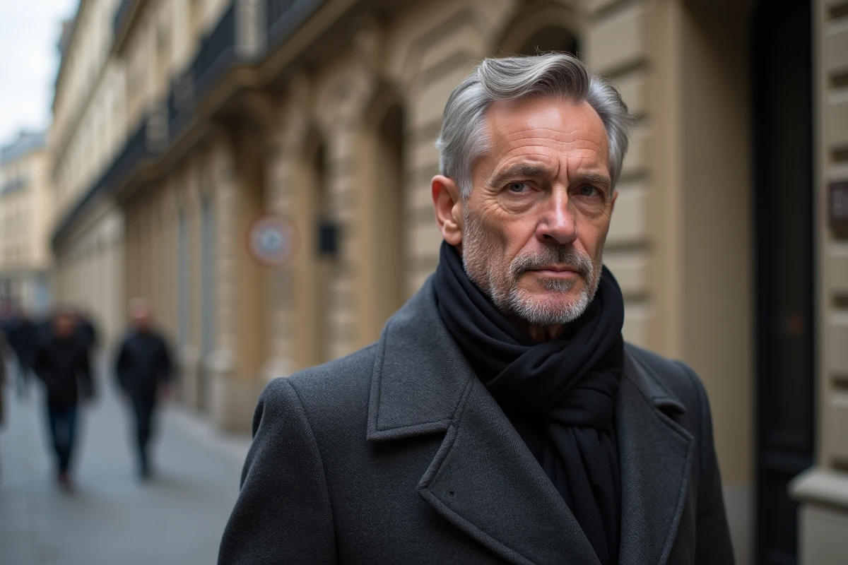 Homme discret de l'industrie cinématographique posant devant une façade haussmannienne à Paris