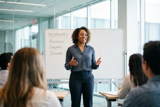 Jeune femme confiante enseignant l'anglais en classe