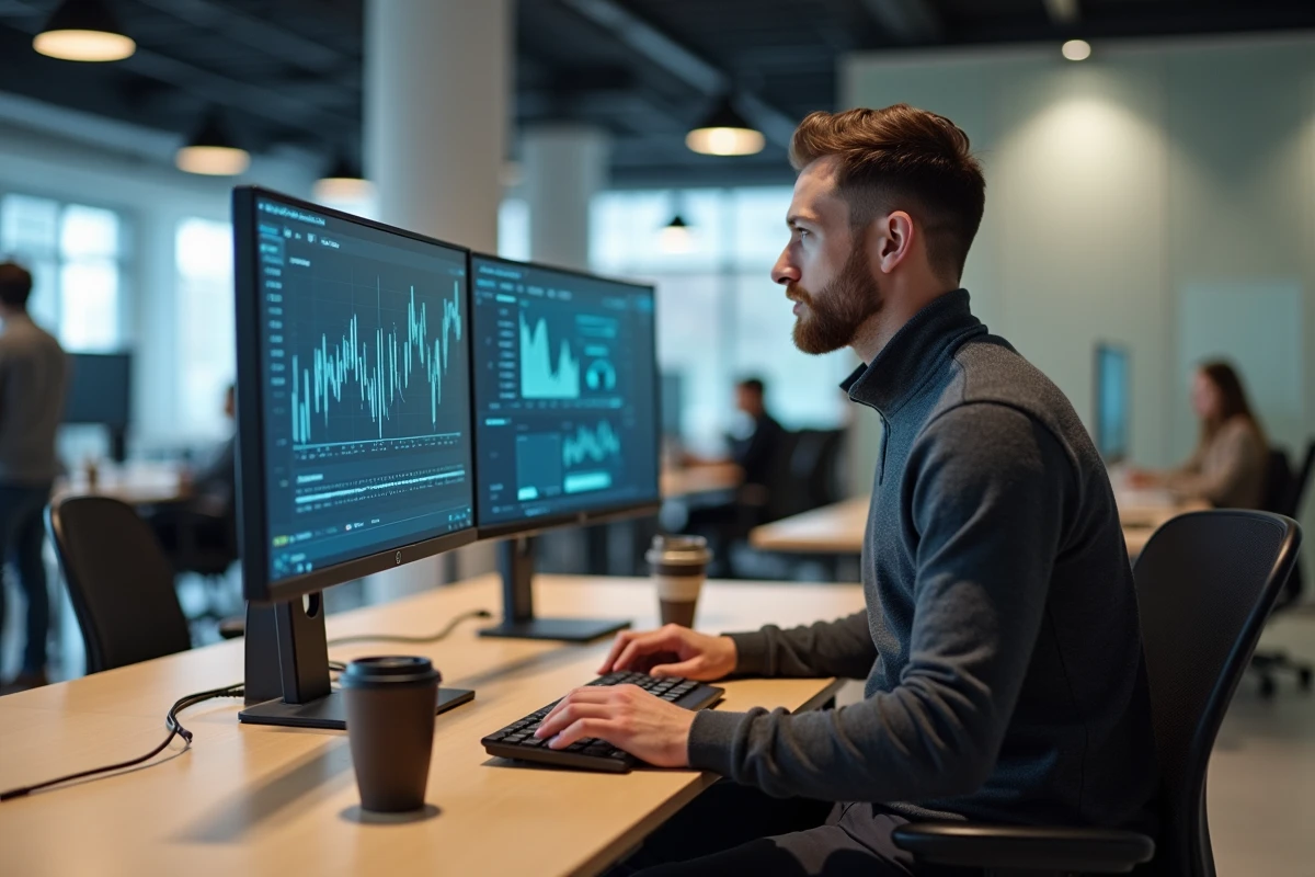 Professionnel analysant des données de commerce digitalisé sur un double écran dans un espace de co-working dédié à la formation industrielle