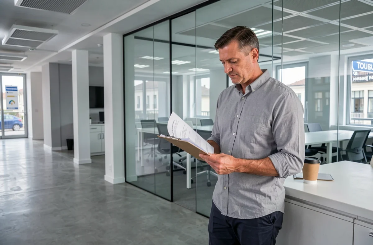 Professionnel consultant des documents dans un espace de coworking contemporain à Toulouse avec salles de réunion vitrées
