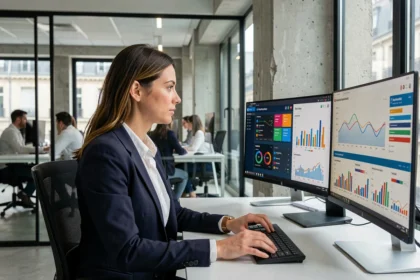 Professionnelle du marketing data analysant des tableaux de bord analytiques sur plusieurs écrans dans un bureau parisien moderne