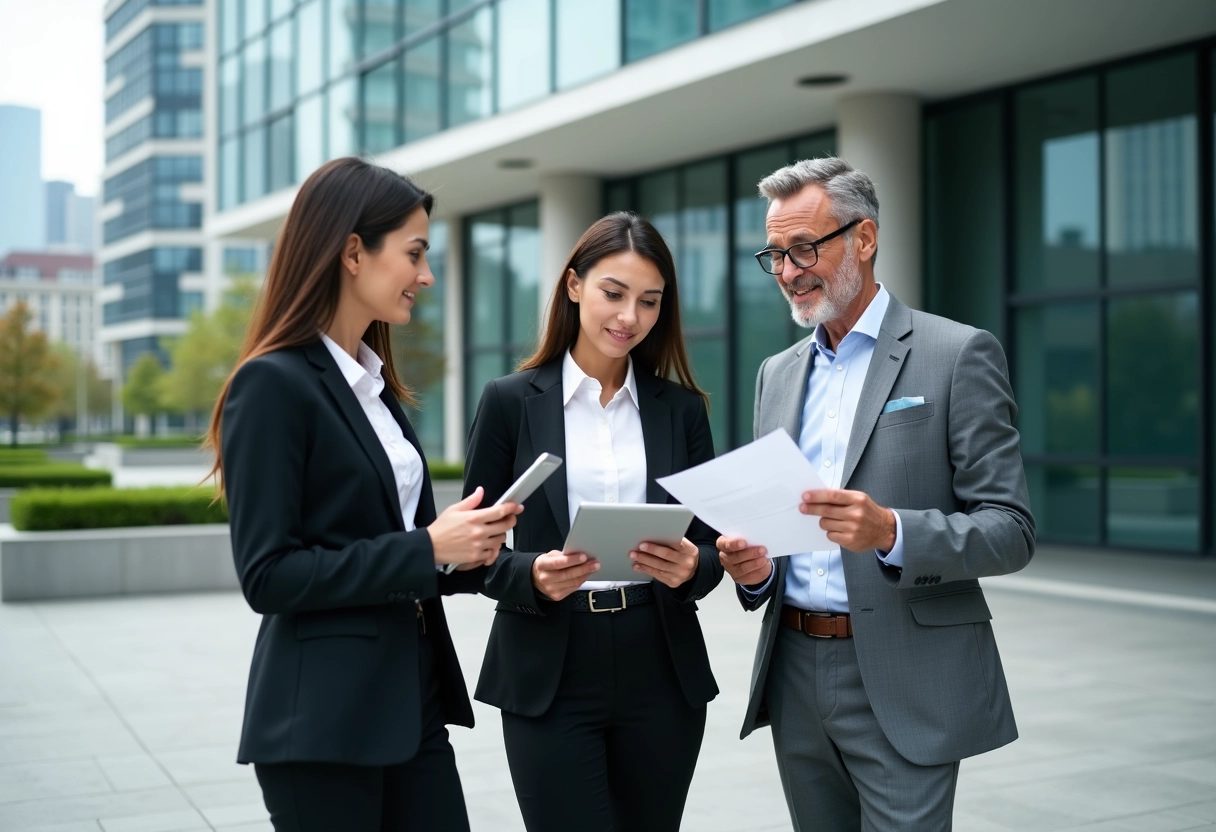 Groupe de professionnels discutant devant un bâtiment moderne