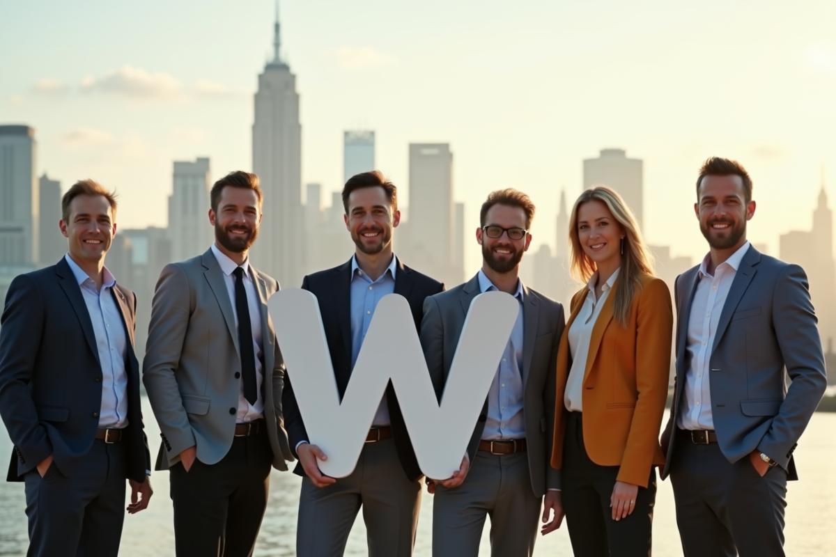 Professionnels de différents secteurs tenant des lettres W en extérieur
