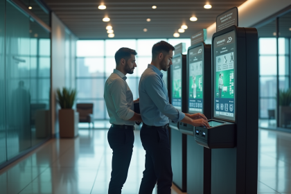 Professionnels utilisant une station de recyclage moderne en bureau