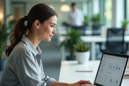 Femme professionnelle configurant les paramètres de notifications RH sur son ordinateur portable dans un bureau moderne