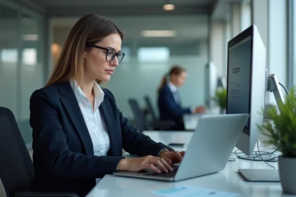 Une employée Air France réinitialise son mot de passe Intraligne sur un ordinateur portable dans un bureau professionnel