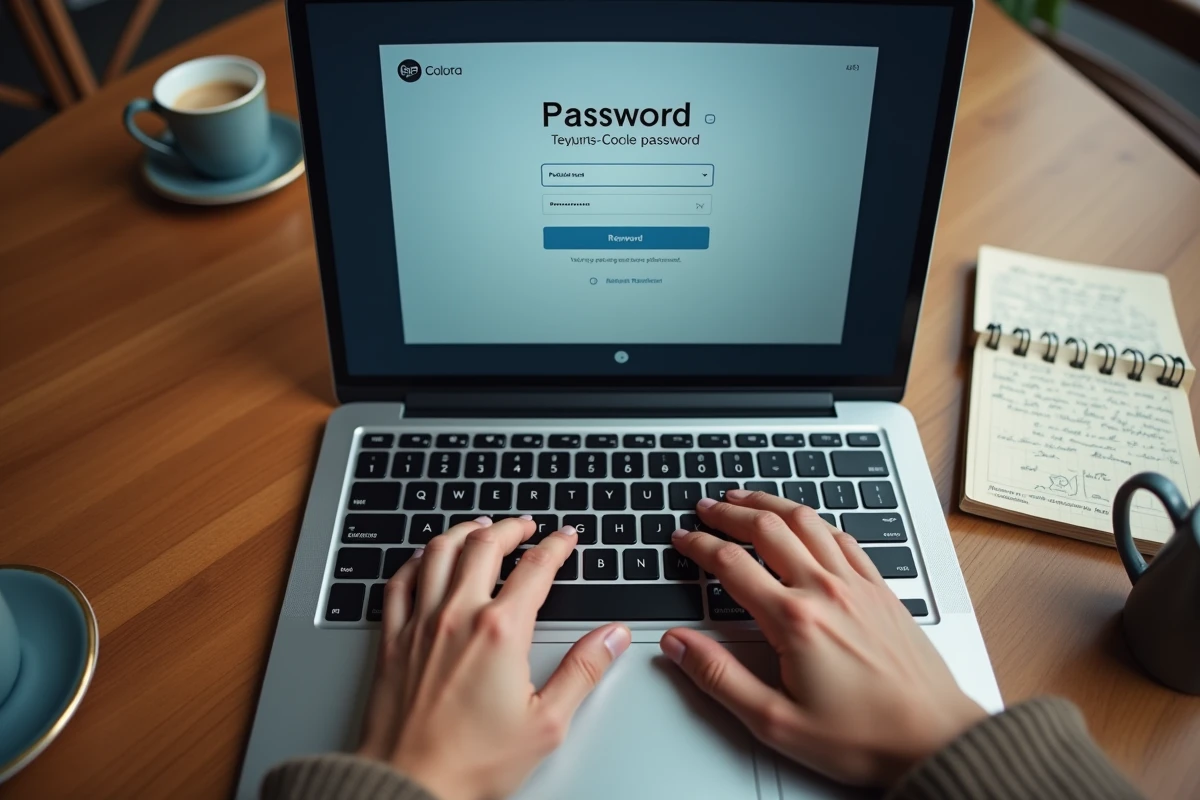 Gros plan de mains sur un clavier pour réinitialiser un mot de passe sur une interface de récupération d'accès