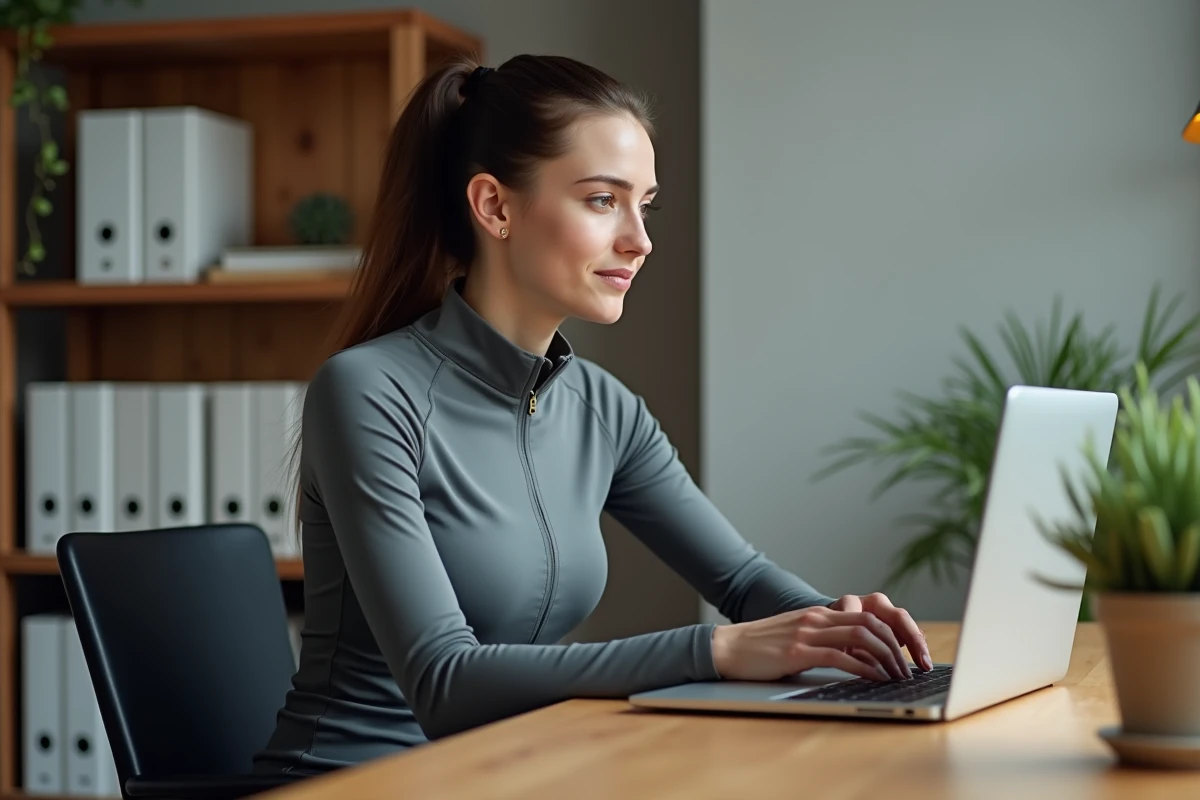 Employée Dassault en tenue sportive remplissant un formulaire de remboursement CSE sur son ordinateur portable depuis son domicile