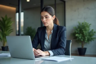 Représentante du CSE analysant des documents numériques sur un ordinateur portable dans un bureau moderne, illustrant la digitalisation du comité social et économique