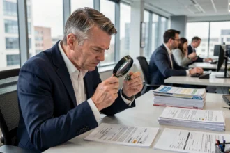 Responsable achats examinant un composant électronique avec un label CE China Export sur son bureau en entreprise