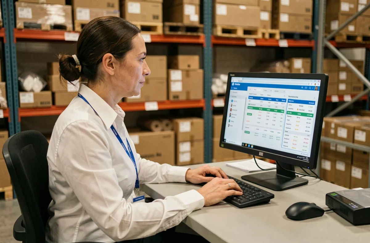 Responsable d'équipe Auchan utilisant un logiciel RH sur ordinateur dans l'arrière-boutique d'un supermarché