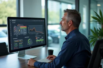 Responsable de flotte analysant les données de suivi GPS et de conformité sur un écran de tableau de bord STRADAtracking dans un bureau moderne