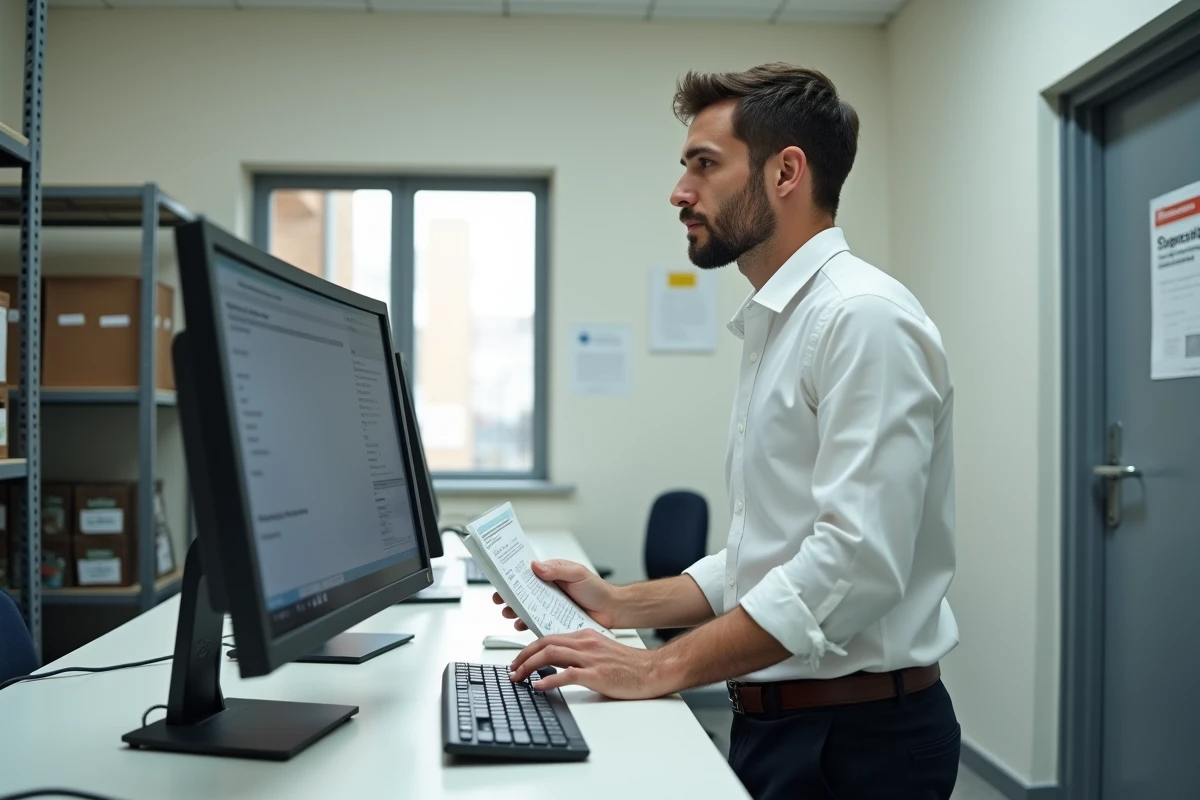 Responsable de boulangerie consultant l'intranet Marie Blachère sur un ordinateur de bureau en back-office