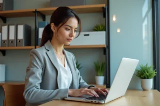 Responsable PME gérant un chat en direct sur ordinateur portable dans un petit bureau moderne