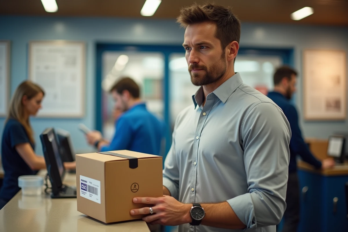 Homme récupérant une box RH administrative à un comptoir de bureau de poste