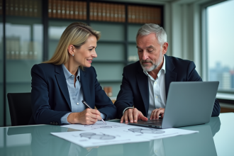 Homme et femme en réunion d'affaires signant un document