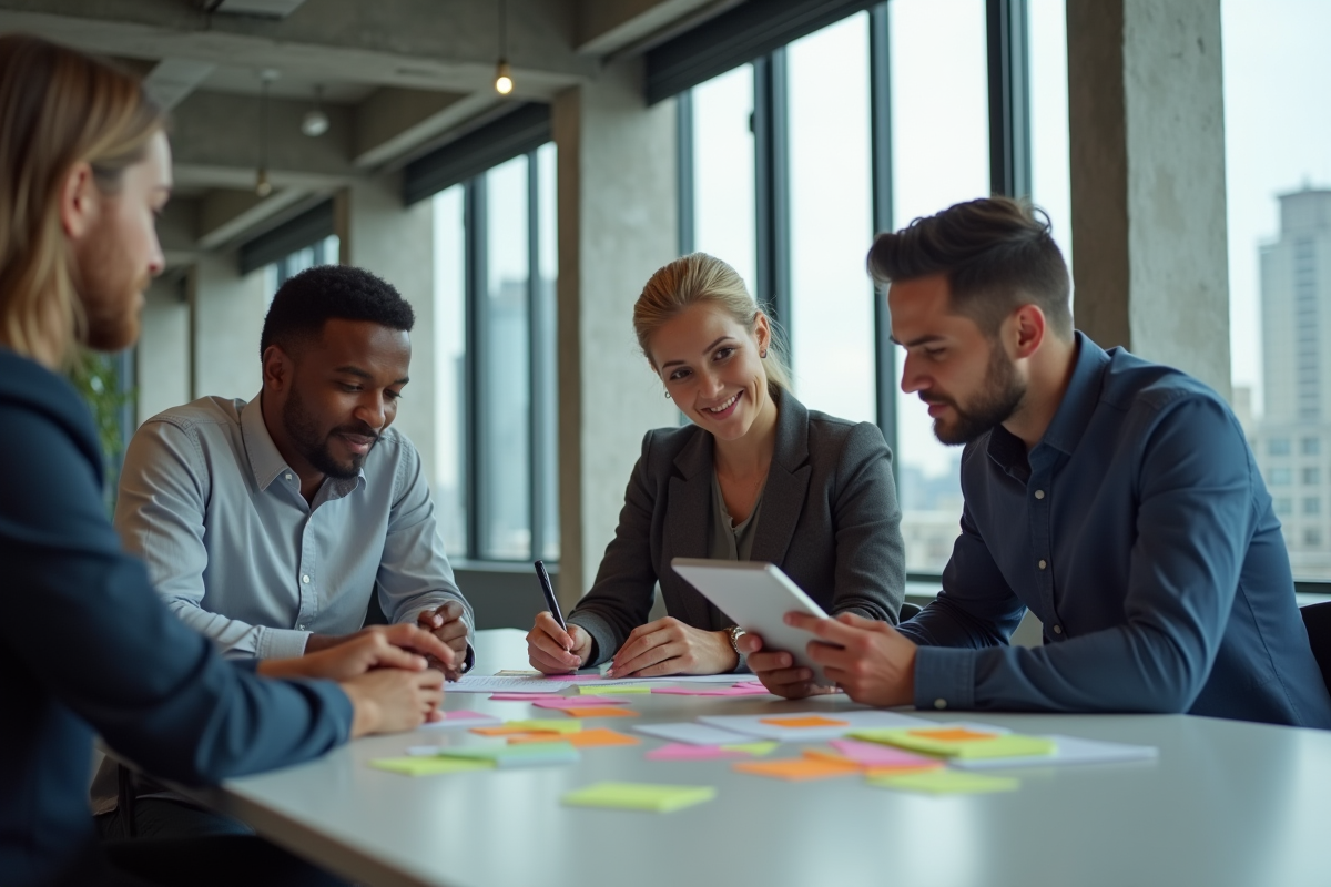 Groupe de coworkers discutant autour d