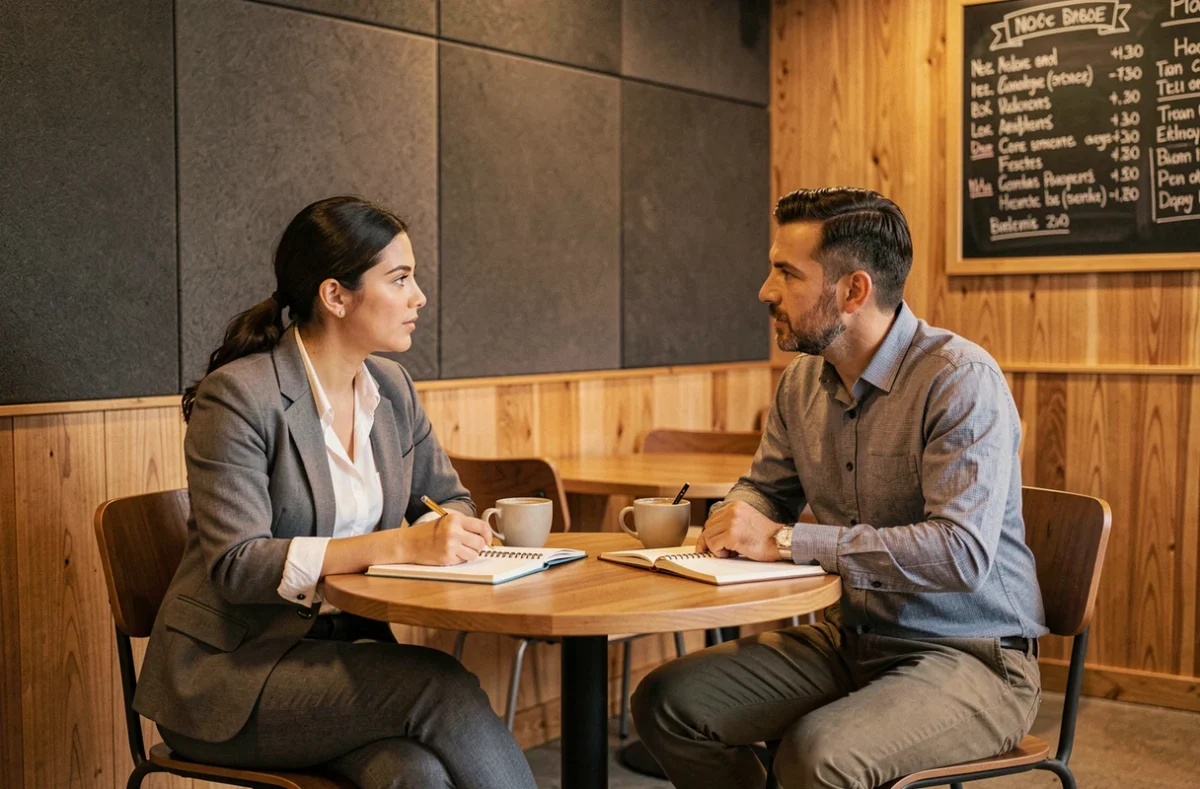 Deux professionnels discutant autour d'une petite table dans un coworking de style café avec des carnets et du café