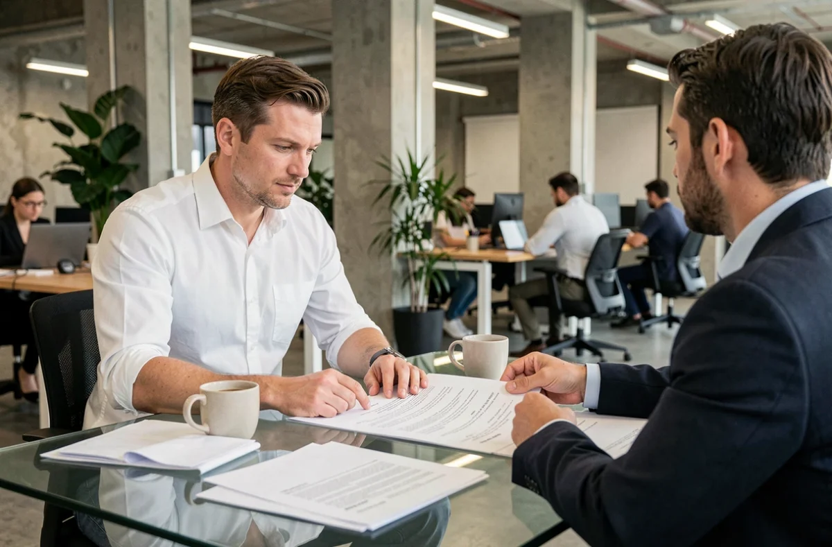 Comptable indépendant en discussion contractuelle avec un consultant en portage salarial dans un espace de coworking