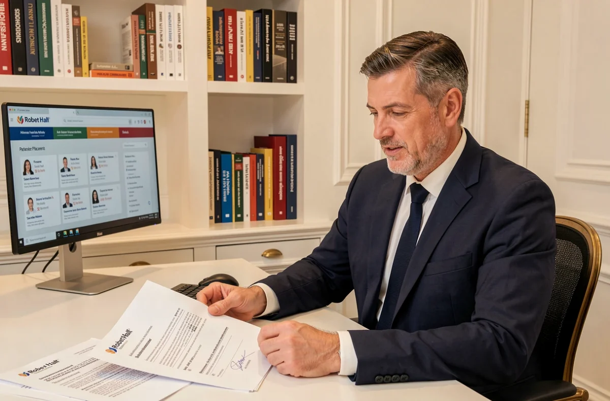 Consultant Robert Half comparant des offres de recrutement temporaire et permanent en finance dans son bureau