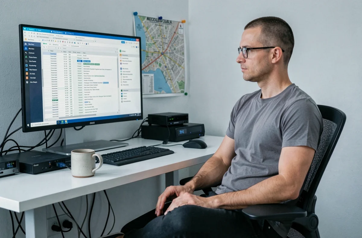 Expert SEO de l'agence SEODev réalisant un audit de référencement sur un grand écran avec des données de mots-clés