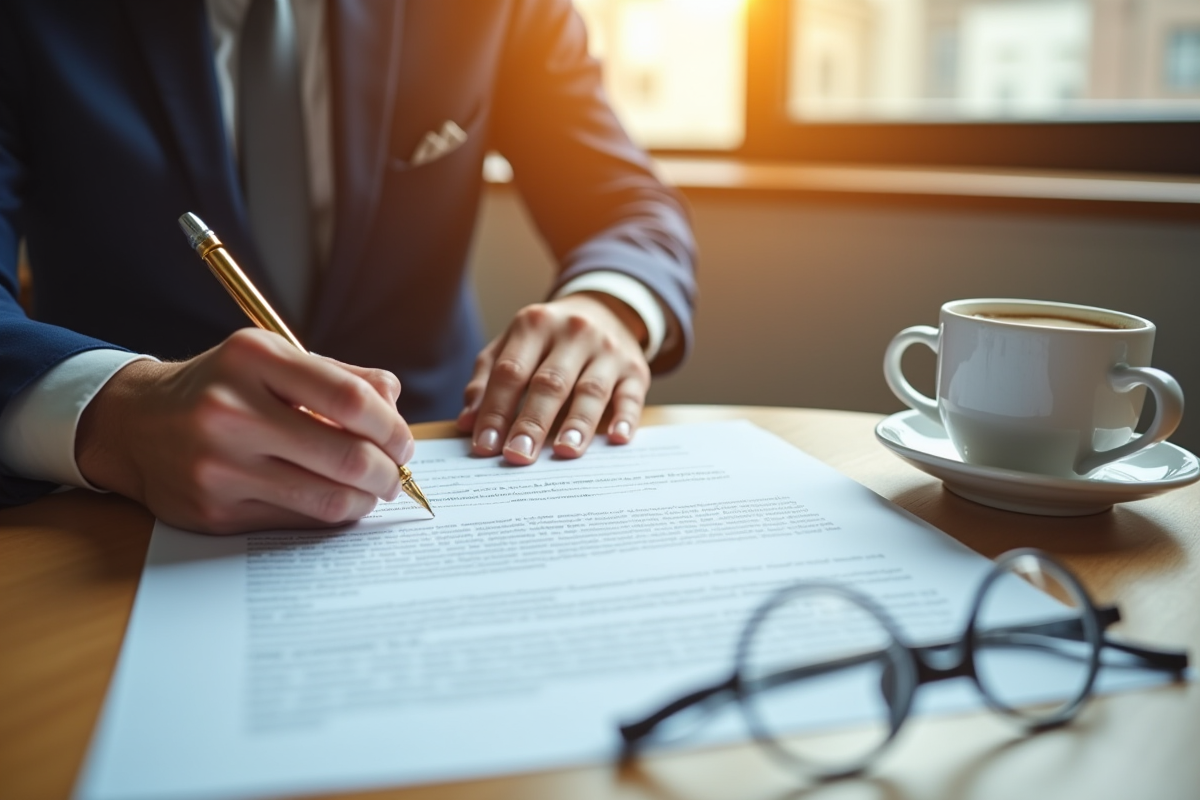 Main signant un document de travail avec lunettes et café