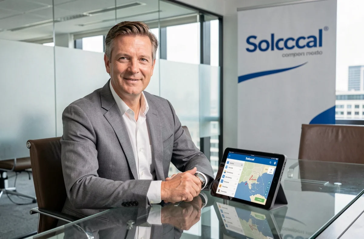 Consultant Solocal présentant une solution de référencement local pour entreprise dans une salle de réunion moderne