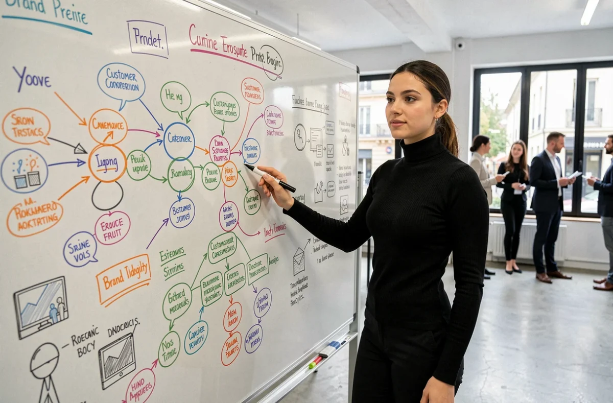 Stratège en marketing digital de Sparkana développant une stratégie de campagne sur tableau blanc dans une agence moderne