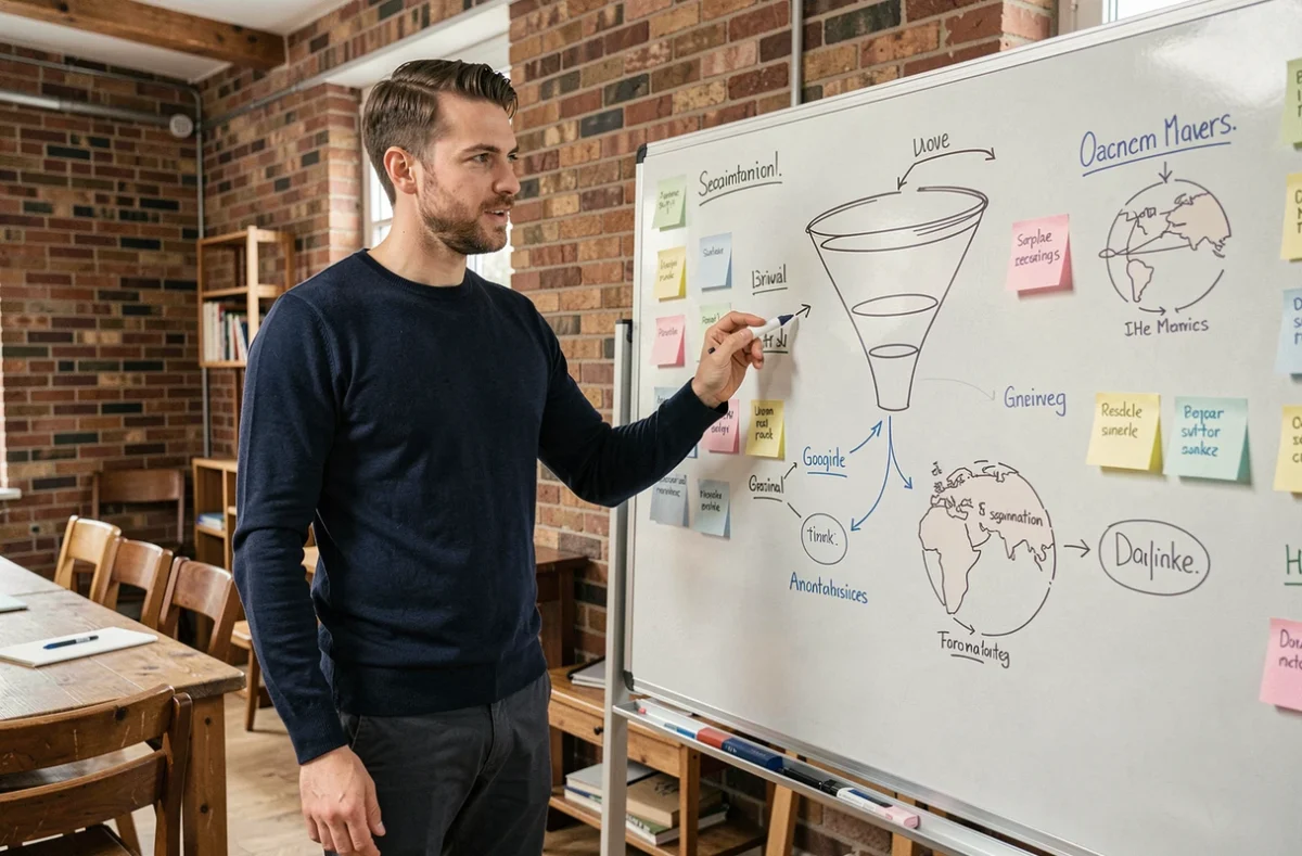 Spécialiste en data marketing présentant une stratégie de segmentation sur un tableau blanc dans une salle de réunion de startup parisienne