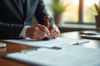 Mains d'une personne stampant des documents officiels sur un bureau