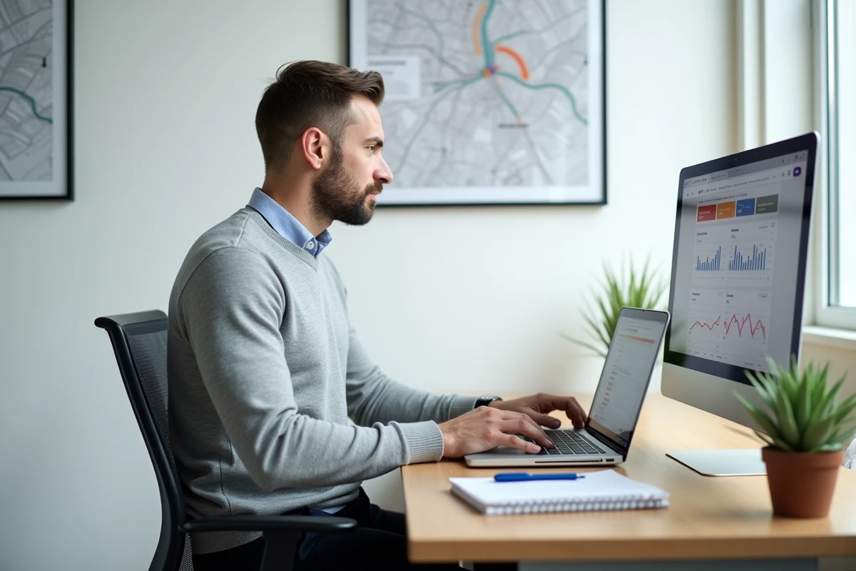 Stratège digital indépendant consultant un tableau de bord SEO et de génération de leads sur ordinateur portable dans un bureau minimaliste à Lyon