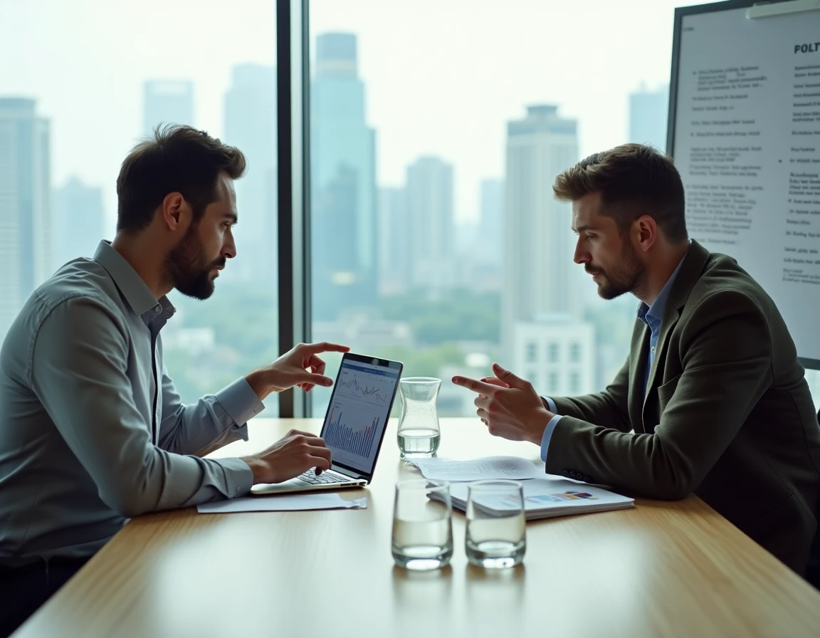 Deux entrepreneurs analysant la stratégie de marque dans une salle de réunion vitrée avec vue urbaine