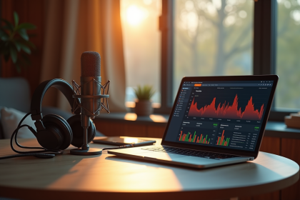 Studio podcast moderne avec micro et ordinateur