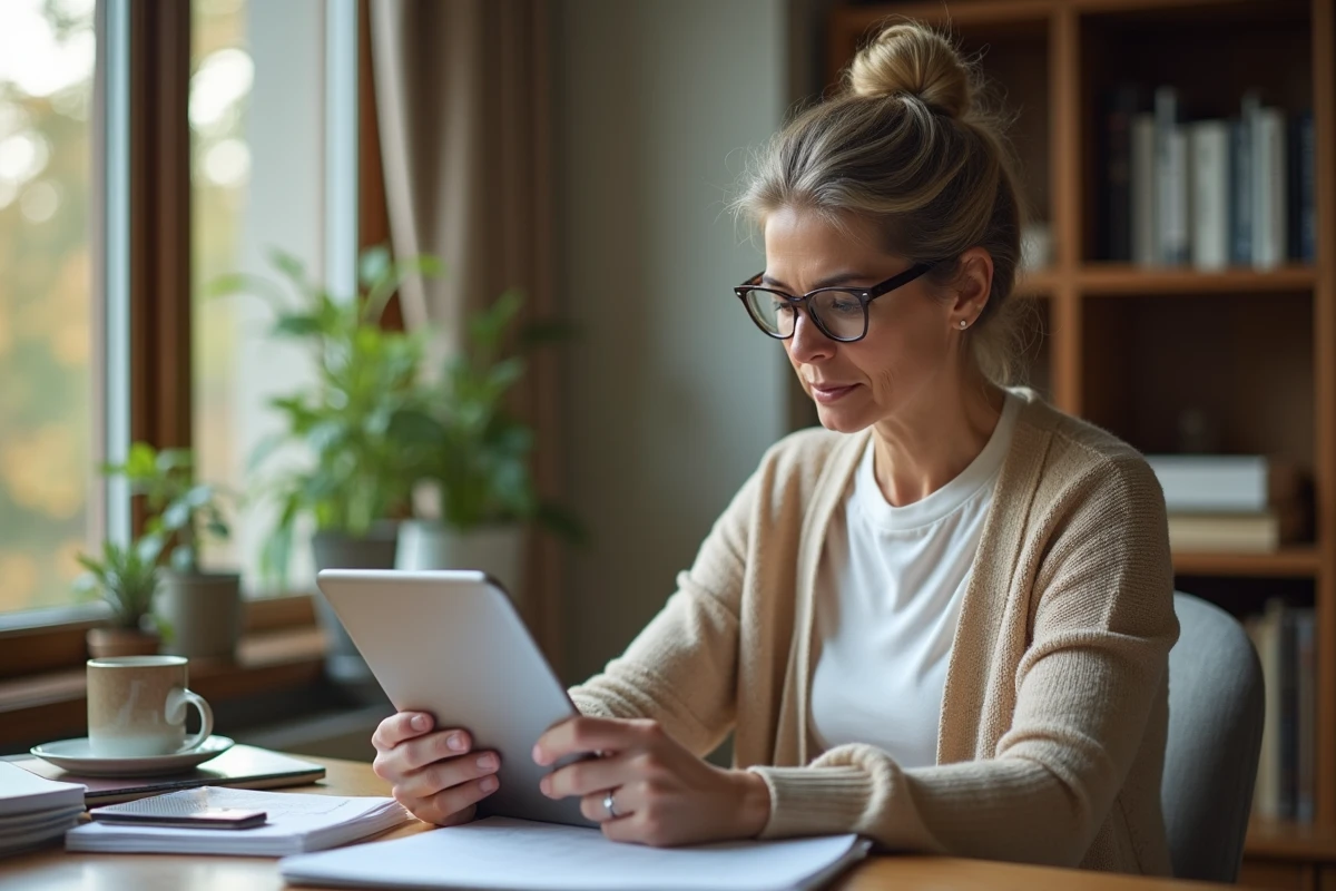 Femme vérifiant le suivi de son dossier administratif en ligne via une tablette depuis son domicile