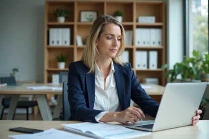 Femme professionnelle consultant son dossier administratif en ligne depuis son bureau dans un open space moderne