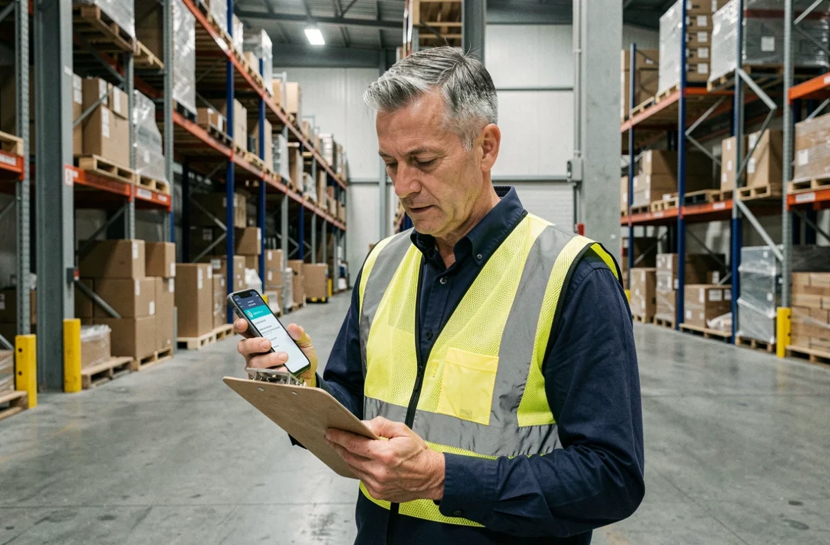 Travailleur intérimaire en entrepôt consultant ses avantages CSE sur smartphone