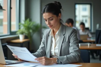 Femme cadre vérifiant le calcul de son indemnité de fin de CDD sur ordinateur et documents papier au bureau