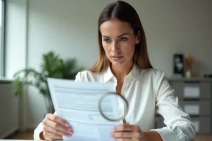 Professionnelle examinant un relevé bancaire pour vérifier l'authenticité d'un prélèvement B2B DGFiP