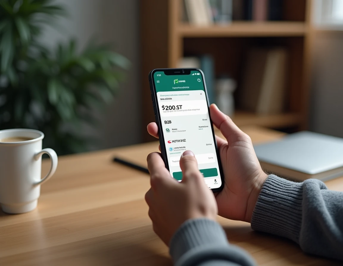 Homme vérifiant un prélèvement B2B DGFiP sur une application bancaire mobile depuis son bureau à domicile