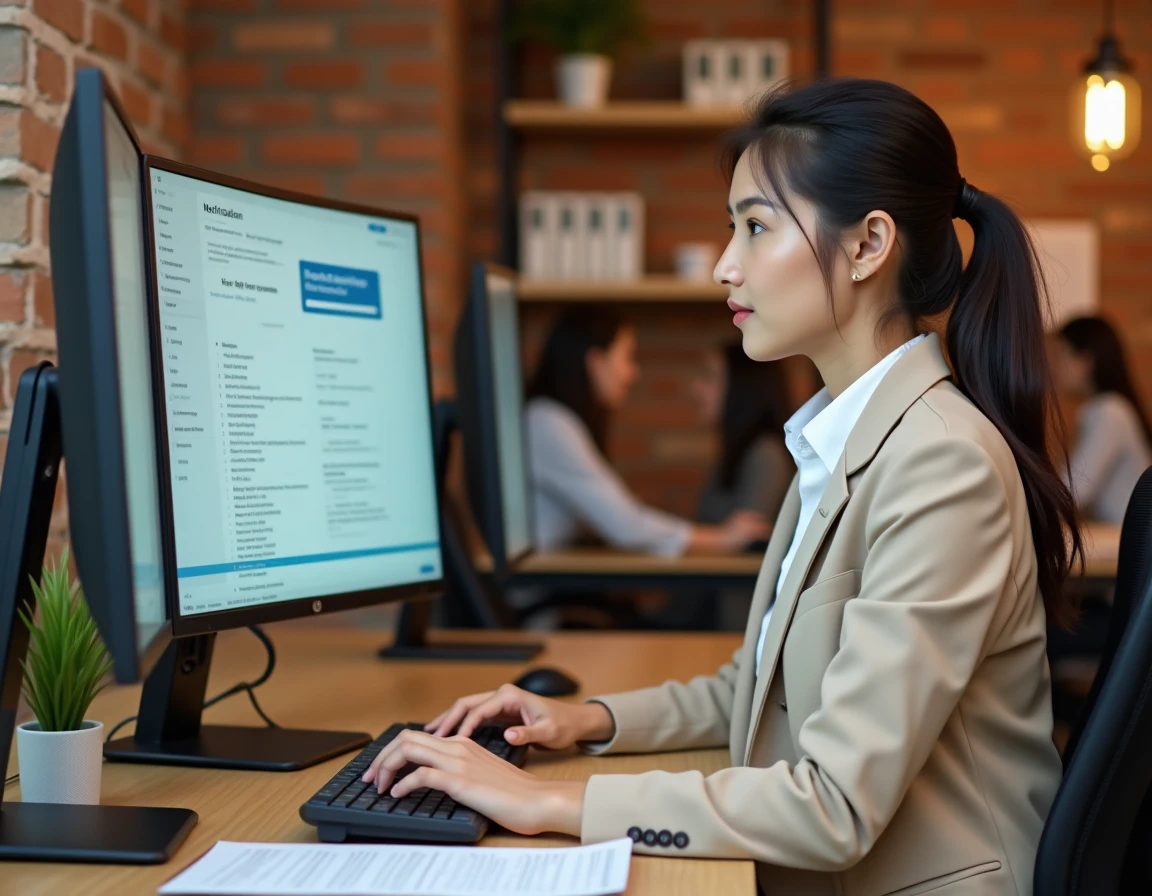 Professionnelle RH vérifiant une liste de contrôle des réglages de notifications People docs devant un grand écran dans un espace de co-working